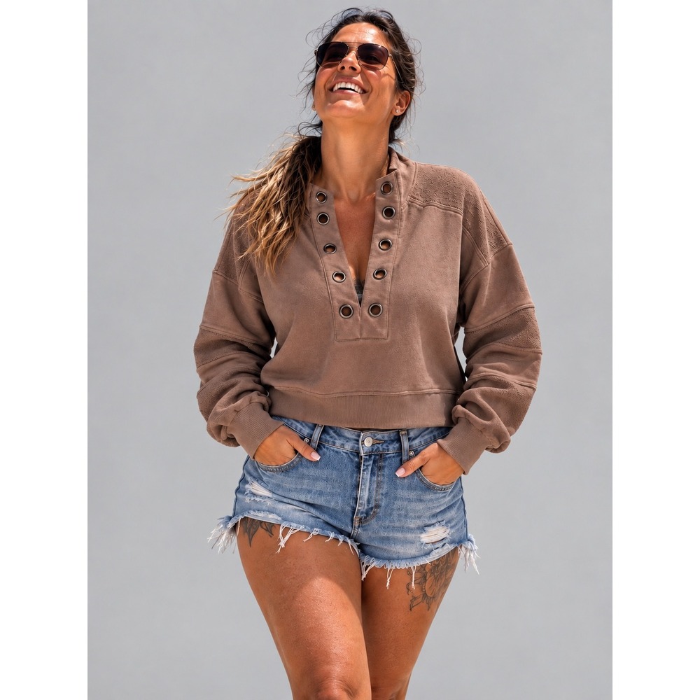 Entro Brown Grommet Henley Pullover Sweatshirt Mixed Media Textured Top Large
